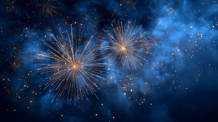 Fototapeta premium Two fireworks exploding in the night sky with blue nebula background glow