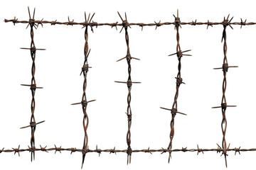 Rusty barbed wire fence sections against a dark background metal