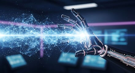 Robotic hand reaching out to a network of glowing blue connections in a futuristic environment