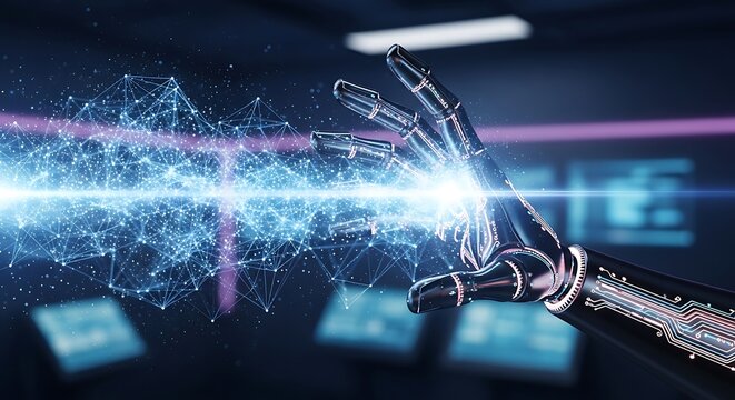 Robotic hand reaching out to a network of glowing blue connections in a futuristic environment