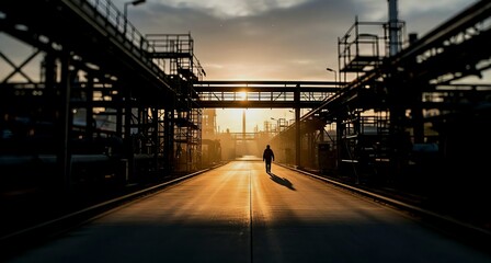 Fototapeta premium solitary figure walking down a wide industrial road flanked by large metal structures and piping at sunrise or sunset, warm golden backlight, long shadows, cinematic and contemplative atmosphere.