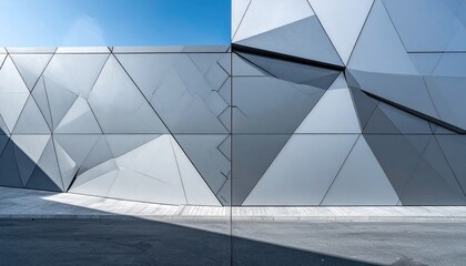 Geometric silver building facade under bright blue sky, casting dark shadows on the pavement below