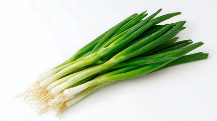 A bunch of fresh green onions is placed on a pure white background.