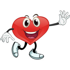 A cheerful cartoon heart character with arms and legs running and waving hello, isolated on a white background, representing health and happiness with a friendly expression and dynamic pose