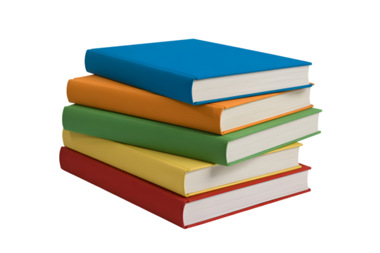 Stack of five colorful hardcover books isolated on transparent background