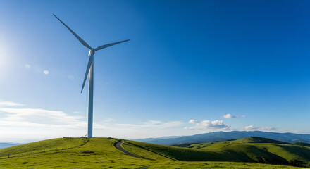 Renewable Wind Energy Turbine on Hilltop Against Blue Sky
