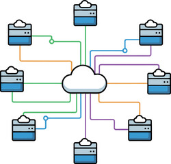 Cloud Computing Network with Multiple Servers Connected to a Central Cloud.