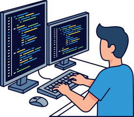 Programmer working on dual monitors with code displayed.