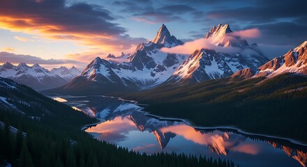 Snowy mountains reflected in calm lake at sunset