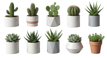 Collection Of Various Potted Cacti And Succulents With Green Leaves In Simple White Gray And Terracotta Pots isolated on Transparent Background