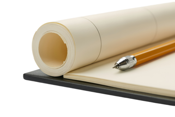 Rolled paper and pen on a notepad isolated on transparent background