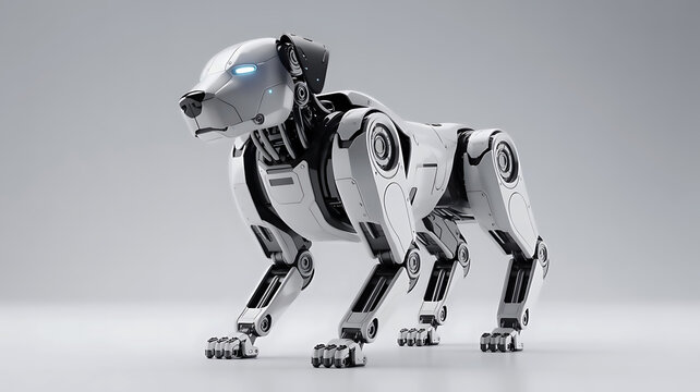A futuristic robot dog standing on a white surface with a grey background looking ahead intently