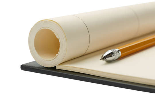 Rolled paper and pen on a notepad isolated on transparent background