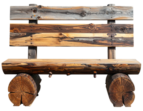 Rustic wooden bench made from logs, with natural grain and texture, isolated