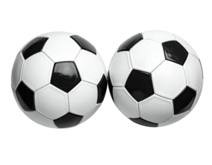 Two soccer balls side-by-side, black and white, iconic pentagon pattern