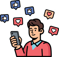 Man using smartphone receiving social media likes and hearts.
