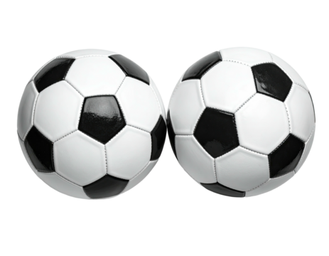 Two soccer balls side-by-side, black and white, iconic pentagon pattern