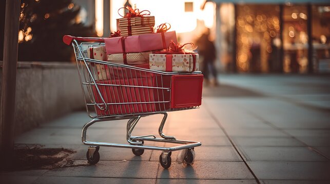 A cart with gift-wrapped boxes during a holiday shopping tripA red shopping cart in front of a retail store during sunset.
