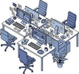 Isometric Office Space with Desks and Computers.