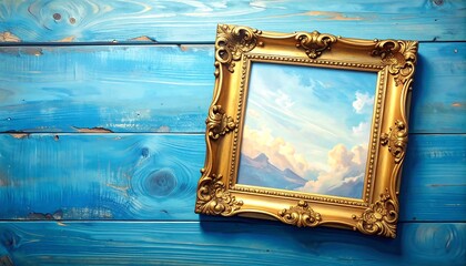Elegant golden frame with painting of clouds and mountains on blue wooden background