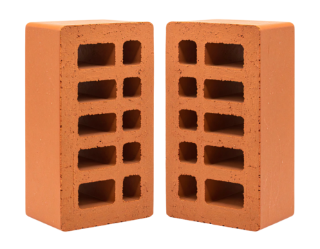 Two cut clay rectangular construction blocks, showing interior holes and textures