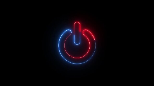 Neon power reset button animation on black background. switch stop start computer closed button motion. power off / on button 4k video footage.