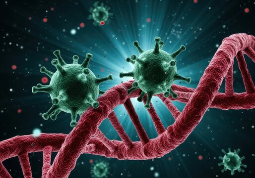 Viruses interacting with a dna double helix in a microscopic view