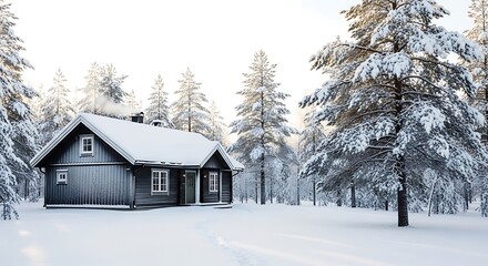 Naklejka premium A cozy dark wooden cabin covered in snow, nestled within a brightly lit winter forest of snow-laden pine trees, with smoke gently rising from the chimney.