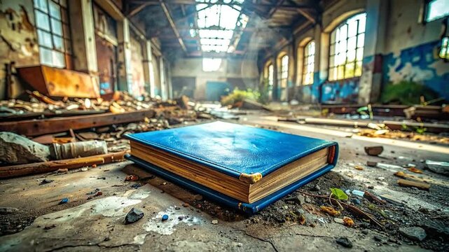 Surviving knowledge, a solitary blue book on the dirty floor of a derelict and abandoned building in ruins