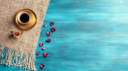 A top-down view shows a cup of coffee on a gold saucer, a single rose, and scattered rose petals on a rustic blue wooden surface.