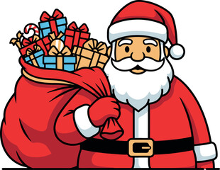 Cheerful cartoon Santa Claus holding a large red sack of Christmas presents.