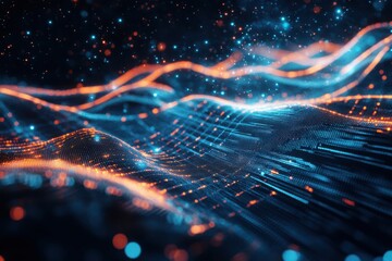 Abstract Digital Landscape of Glowing Blue and Orange Waves and Particles background technology