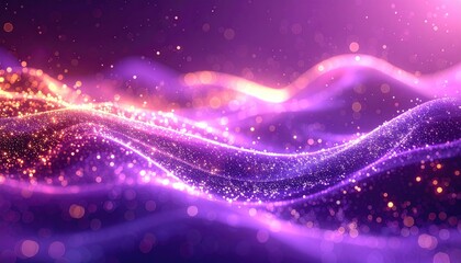 Luminous, shimmering purple-gold waves, bokeh specks abound