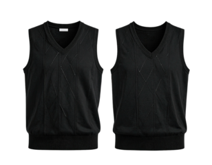 Two views of a black argyle vest, front and back, against a stark black background