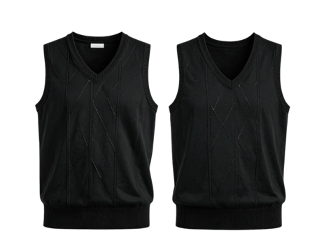 Two views of a black argyle vest, front and back, against a stark black background