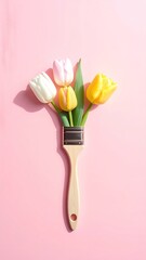 Paintbrush blooms tulips in a brush on pink background