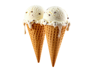 Two creamy vanilla ice cream scoops with chocolate chips, in crispy waffle cones