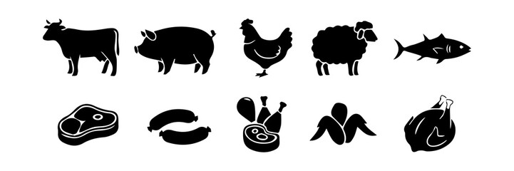 Farm Animals and Meat Cuts Silhouette Icon Set: Cow, Pig, Chicken, Steak, Sausage, Food Vector Collection