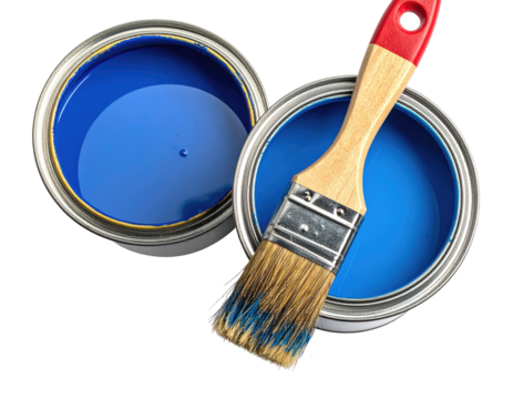 Two open paint cans filled with vibrant blue paint, with a brush resting on one