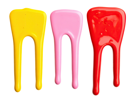 Vivid, abstract teeth shapes dripping paint in primary and secondary colors on black