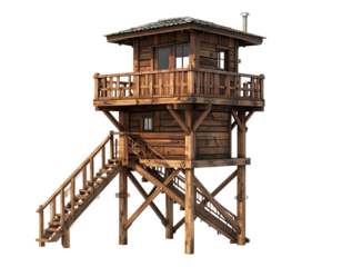 Wooden lookout tower with ladder, windows, and balcony, in a natural environment
