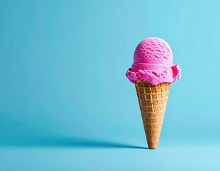 Pink ice cream cone on a light blue backdrop