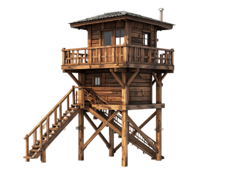 Wooden lookout tower with ladder, windows, and balcony, in a natural environment