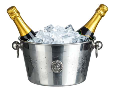 Two champagne bottles in a silver ice bucket filled with ice, ready to be served - Powered by Adobe