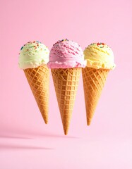 Three ice cream cones, different flavors, colorful sprinkles