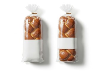 Two loaves of braided bread in clear plastic packaging with blank labels