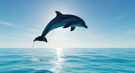 Obraz premium A majestic dolphin leaps high out of the clear blue ocean water with the sun shining brightly behind it.