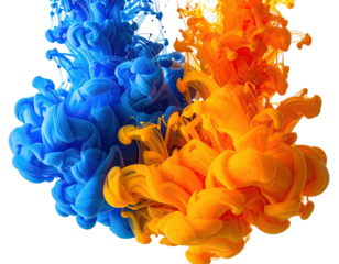 Vibrant, abstract color plumes of blue and orange merging against a black background