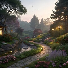 Title: “Serene Garden Path with Stream and Lanterns at Dusk” 