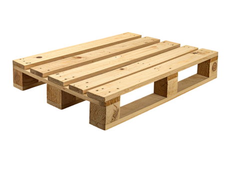 A sturdy wooden pallet, constructed with multiple planks and support blocks, isolated